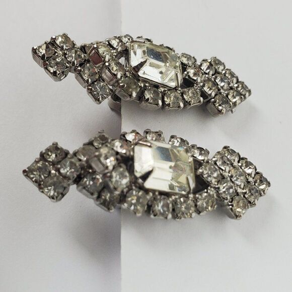 Vintage Clear Crystal Rhinestone Glass Statement Silver Tone Clip On Earrings - Picture 4 of 10
